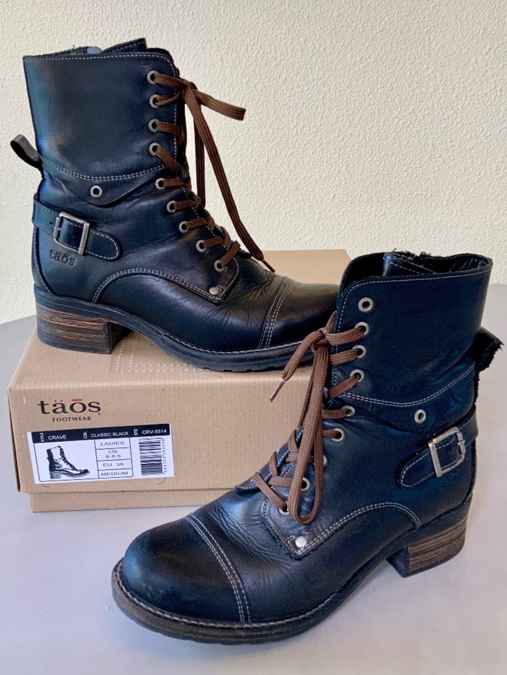 Taos Crave Boots Classic Black Lace Up Zipper Combat Prairie Womens Size 8